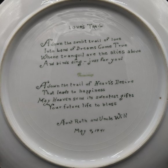 Wild Rose Cake Plate w Loves Trail Poem VTG 1941 Hand Painted Double Handle 10" - Picture 2 of 5